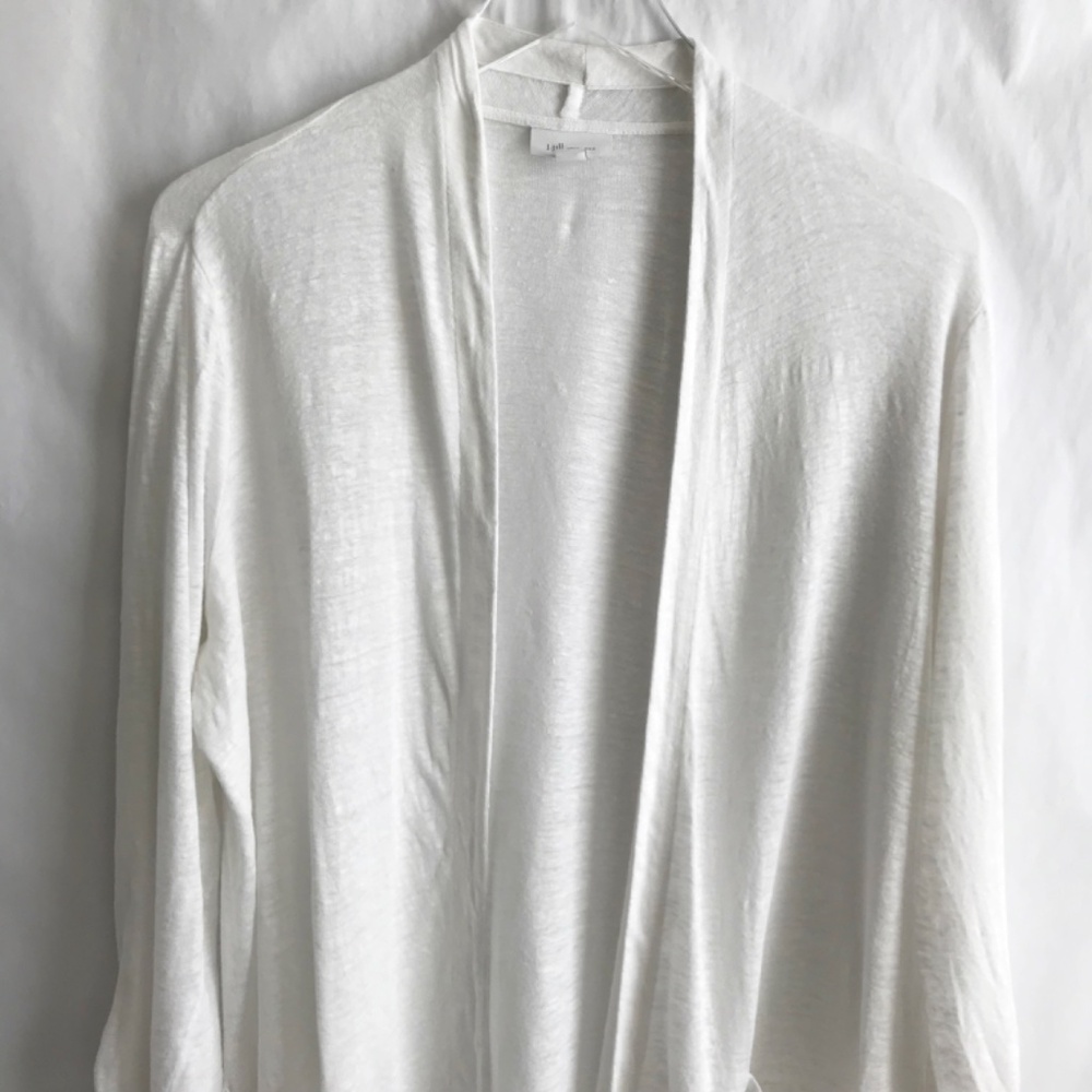 J Jill Love 100% Linen White Open Front Pocket Cardigan M 3/4 Ruched Sleeves - Picture 3 of 8